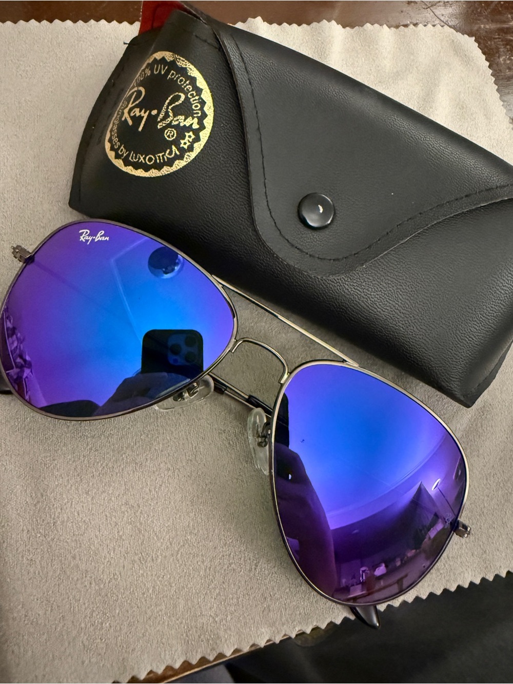 Ray-Ban Aviator Large Sunglasses with Purple-Blue Mirrored Lenses Black Frame